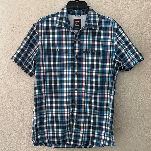 Men’s Wrangler Plaid Short Sleeve Button Shirt, Medium, Blue/Gray/Red - Picture 1 of 6